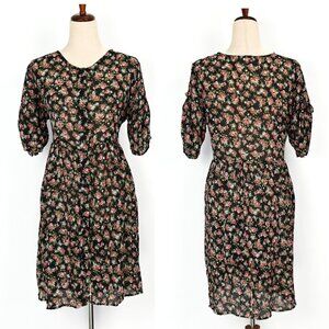 Vintage 90s Black & Red Floral ELISSE JR. Polyester Button Up Dress - 9/10